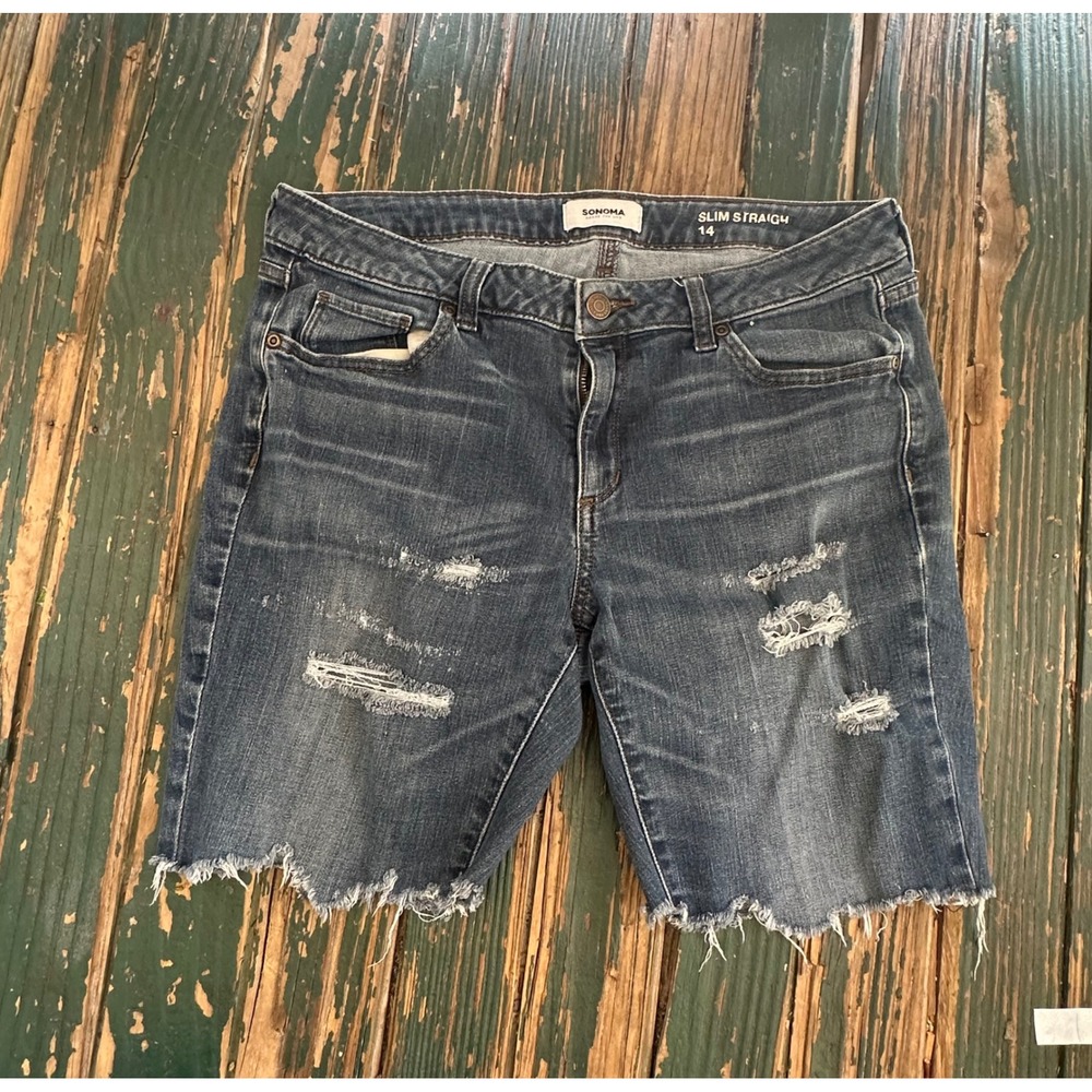 Sonoma Goods for Life Womens Slim Straight Distressed Denim Shorts Size 14 Blue